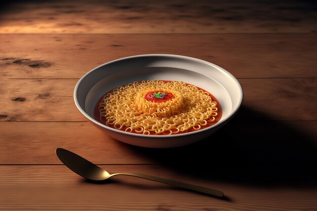 In a dish of instant noodles against a wooden background