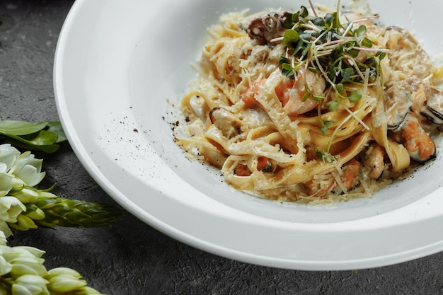 Dish of linguine allo scoglio typical italian pasta with seafood Mediterranean Cuisine