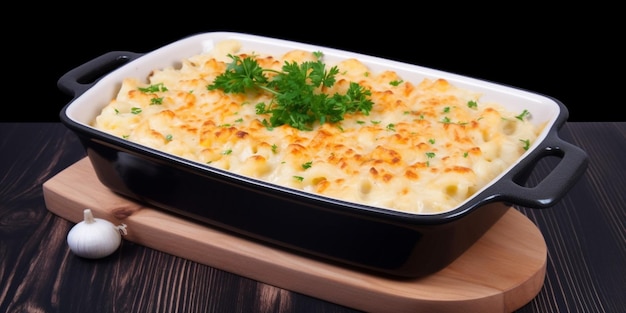 A dish of mac and cheese with parsley on top