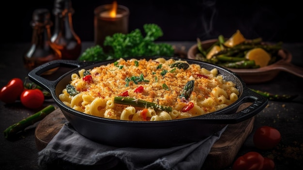 A dish of macaroni and cheese with asparagus on top.