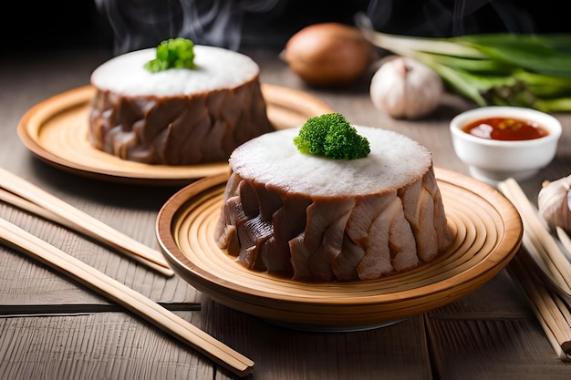 a dish of meat with a chopsticks on a wooden table.