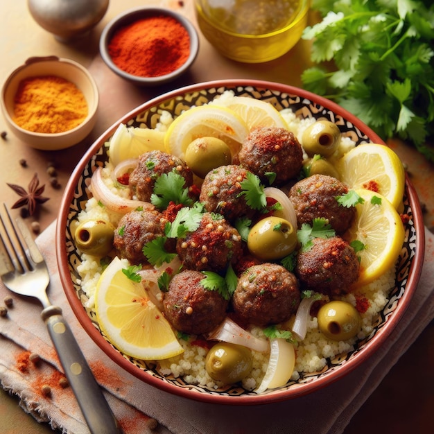 A dish of Moroccan meatball tagine with lemon and olives