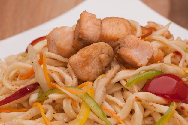 Dish of noodles with meat closeup