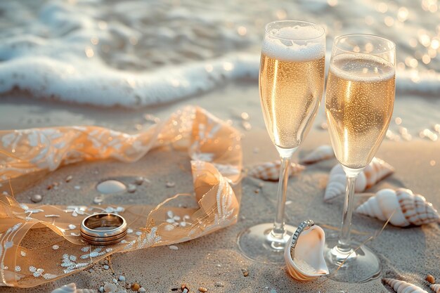 Foto un piatto di ostriche e lime su una spiaggia con un bel tempo e un'onda marina sullo sfondo accompagnato da due bicchieri di vino