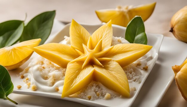 Photo a dish of pineapple and mango with a star shaped star shaped star on top