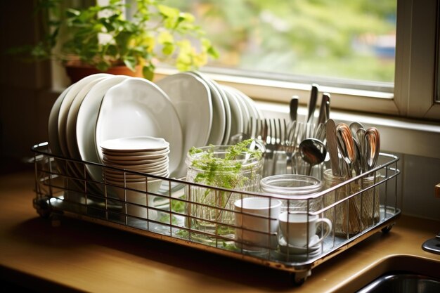 Photo dish rack filled with clean shiny dishes