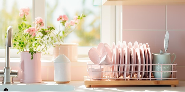 A dish rack situated in front of a kitchen window