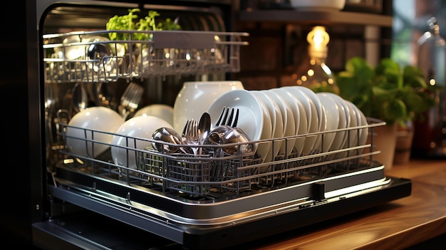 a dish rack with dishes and bowls on it and a bowl of spoons in the dishwasher.
