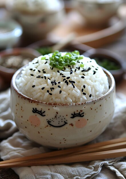 A dish of rice with sesame seeds and chopsticks comfort food on a table