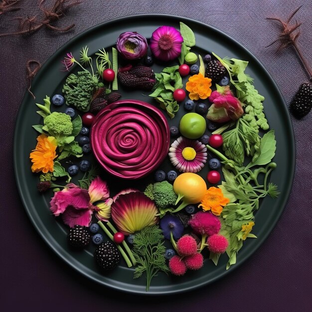 野菜で飾られた丸い皿の皿 フォトリアリズムで生成された画像