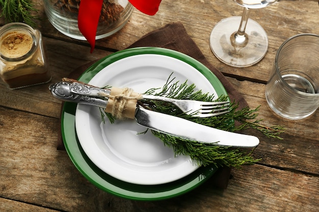 Dish set served on table for Christmas dinner