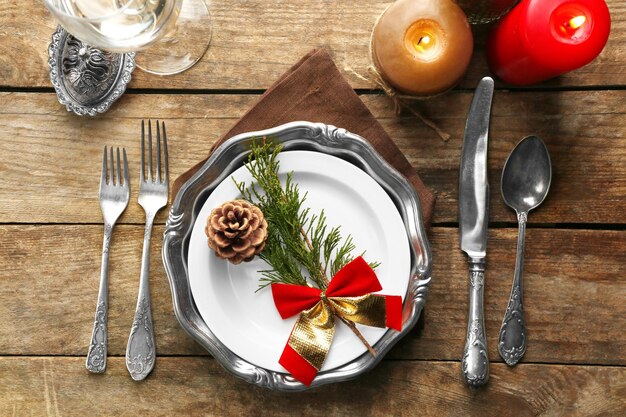 Dish set served on table for Christmas dinner