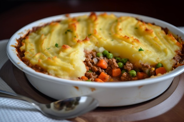 A dish of shepherd's pie with a slice of pie on top