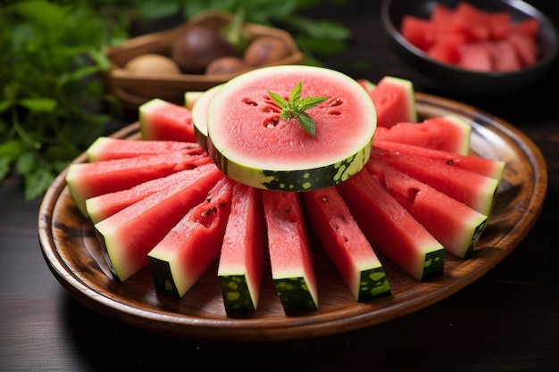 A dish of sliced watermelons