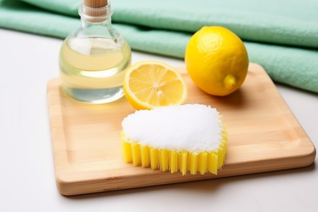 Dish Soap and Lemon on Board with Scrub