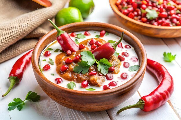 A dish of soup featuring chili peppers and pomegranate seeds served on a table