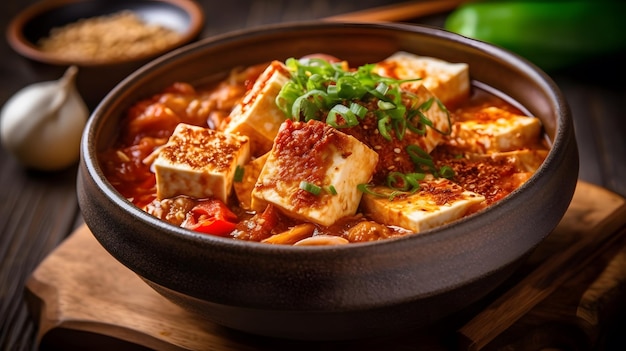 A dish of tofu and vegetablefilled acidic and sour kimchi stew Generative AI
