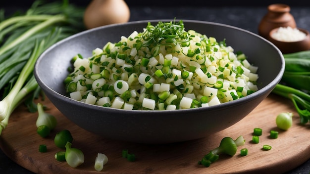 Photo a dish using chopped spring onions as the star ingredient combine them with at least three other mys