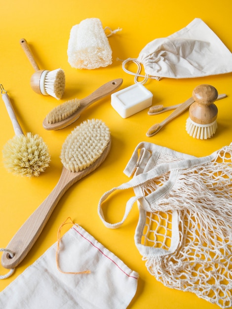 Dish washing brushes, bamboo toothbrushes, reusable bags. 