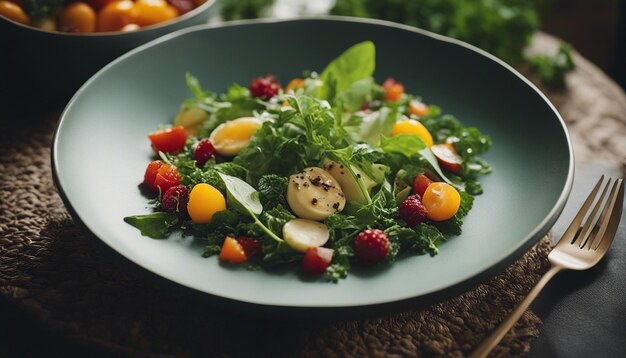 Foto un piatto in cui gli ingredienti provengono direttamente da un giardino lussureggiante