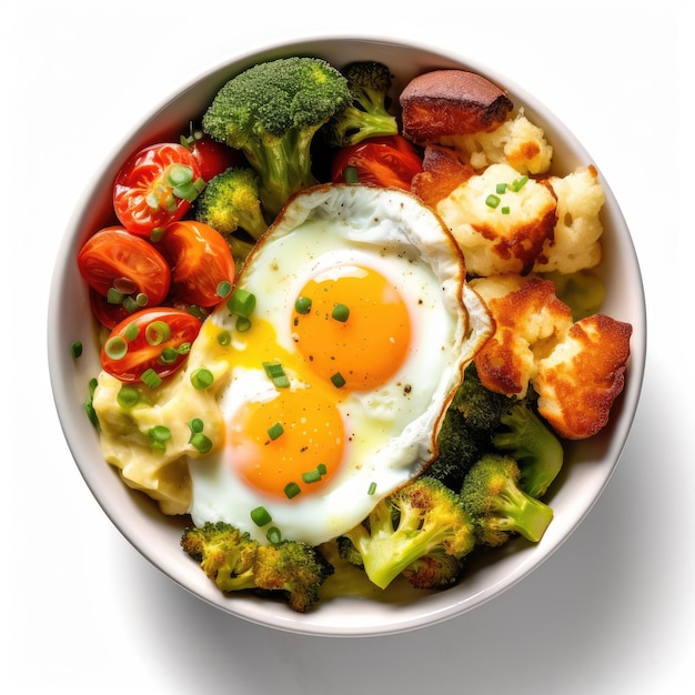 Dish with brioche bread fried egg avocado broccoli cauliflower cherry tomatoes halloumi cheese