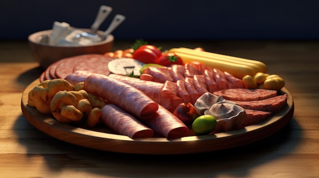 Dish with different types of sausages and deli meats Created with Generative AI technology
