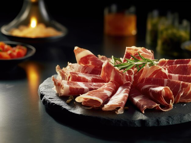 Foto piatto con prosciutto iberico tagliato pronto da mangiare