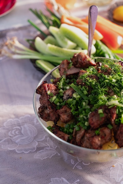 A dish with pieces of kebab meat decorated with herbs