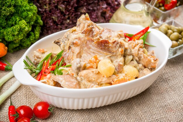 Dish with rabbit meat with vegetables