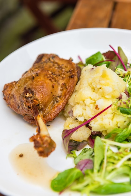 Dish with a roasted duck leg and green salad