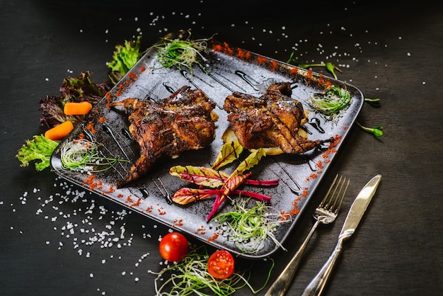 A dish with roasted quail meat with vegetables on black background