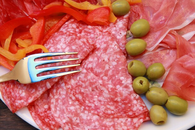 dish with salami,ham and appetizers