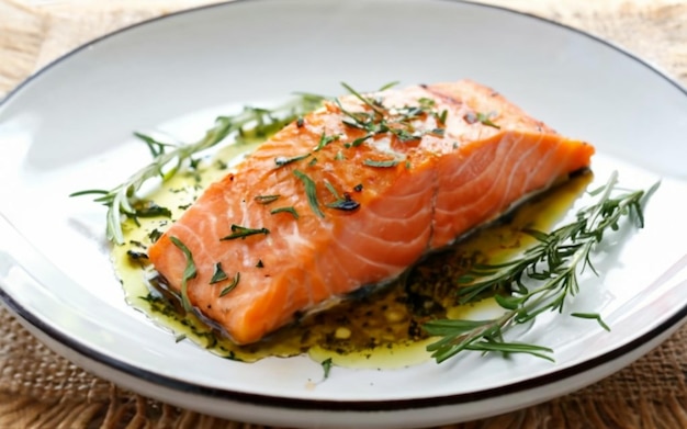 Photo a dish with salmon fillet and sauted herbs