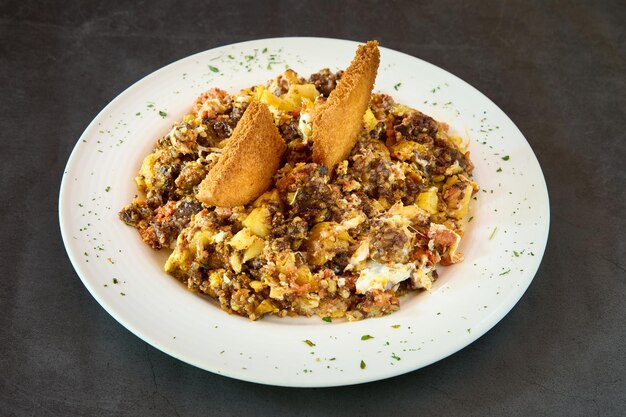 dish with scrambled blood sausage, egg and pine nuts