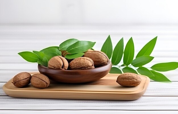 Photo dish with tasty pecan nuts on wooden plate on white wooden table