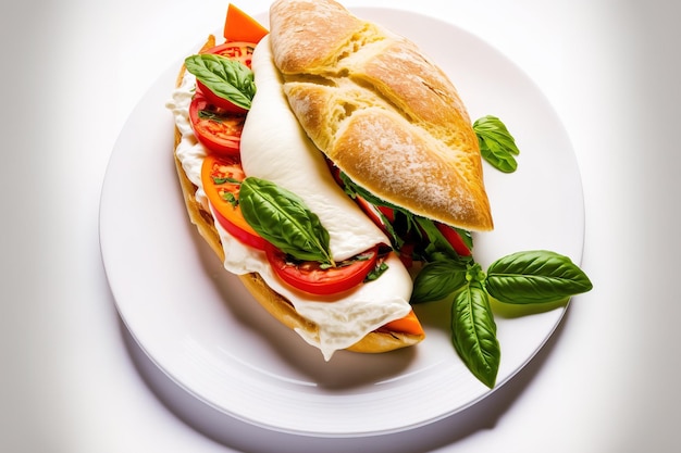 On a dish with a white background a croissant sandwich with mozzarella tomato and basil a breakfast in Italy Good food