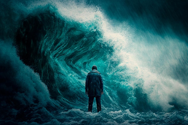 Disheartened Man Standing in the Midst of Turbulent Crashing Waves Generative AI