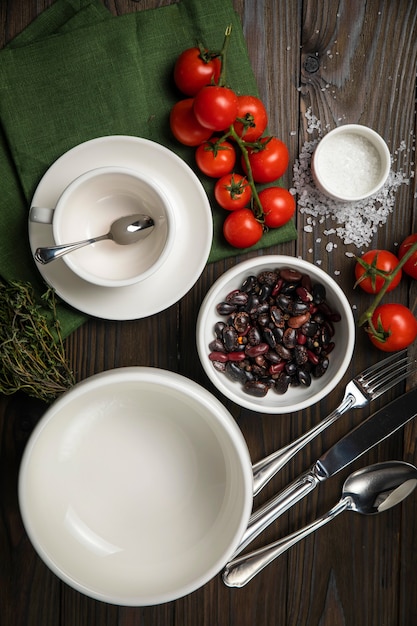 The dishes are laid out on a wooden table