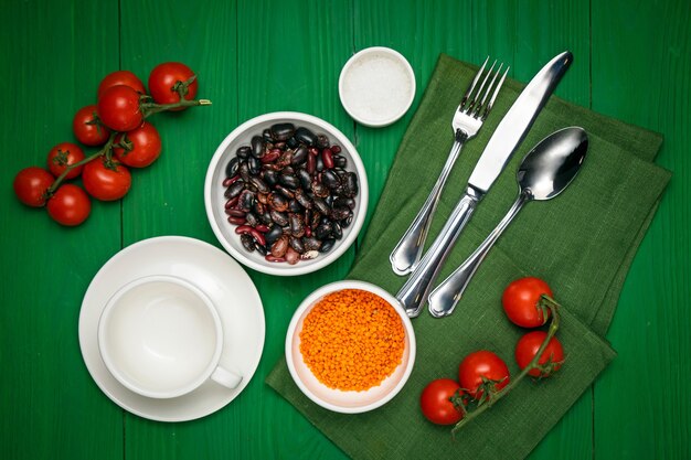 The dishes are laid out on a wooden table