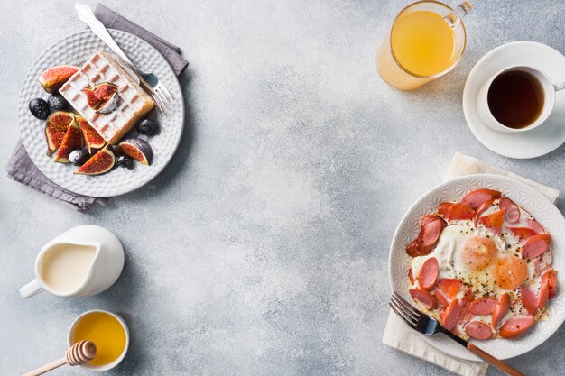 Dishes for home cooked hearty Breakfast. 