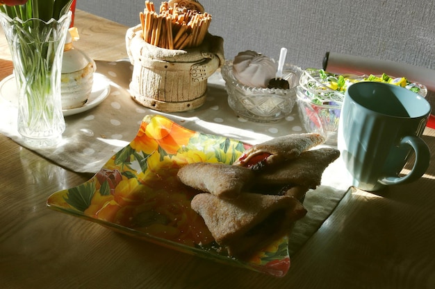 Photo dishes for a homemade breakfast in the bright morning sun