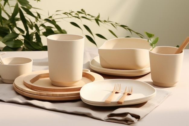 Dishes made of ecofriendly materials are on tray with leaves of a green plant on a beige background