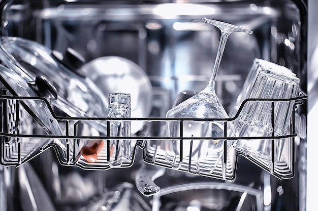 dishes in an open dishwasher, home style lifestyle, cleanliness and convenience background