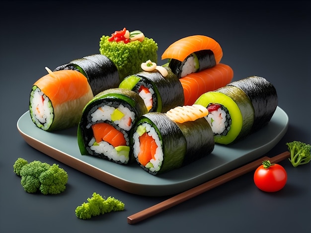 Dishes of shushi and vegetable