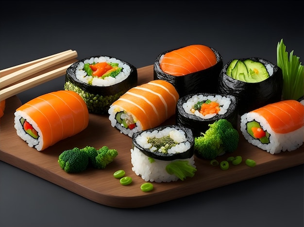 Dishes of shushi and vegetable