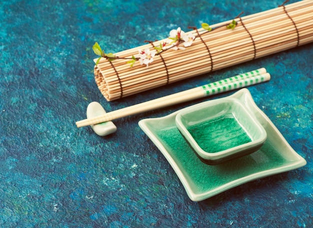 Dishes for sushi and chopsticks