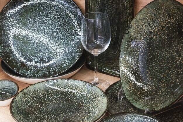 Dishes utensils on a brown background