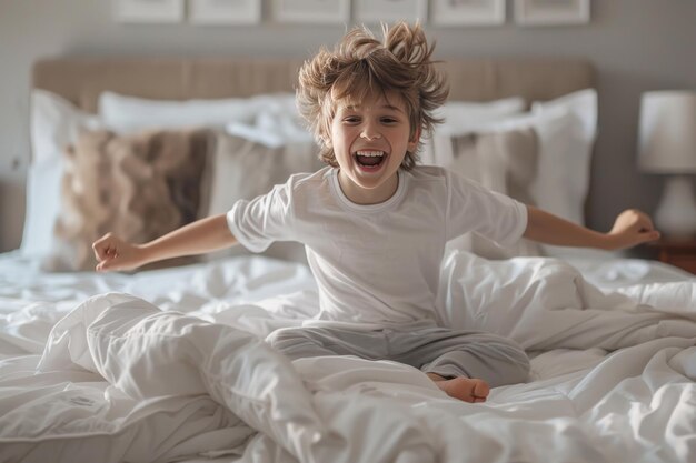 Photo disheveled boy in pajamas having fun on the bed at home in the morning happy carefree childhood