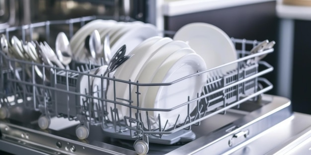 数多くの白い皿で満たされた皿洗い機