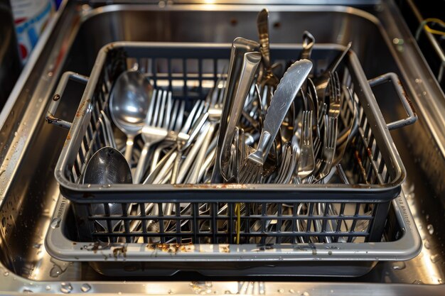 A dishwasher filled with silverware and silverware